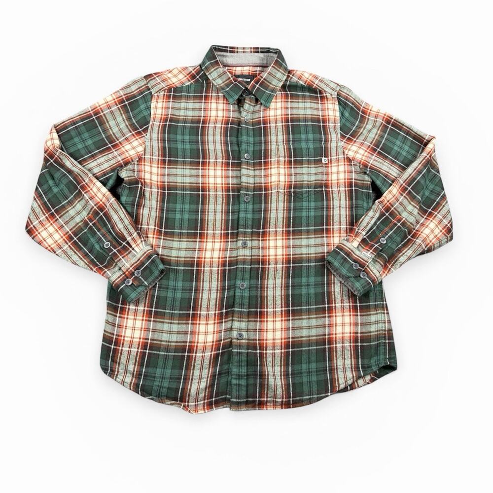 Marmot Flannel Shirt Mens Large Plaid Green Orange Button Up Outdoor